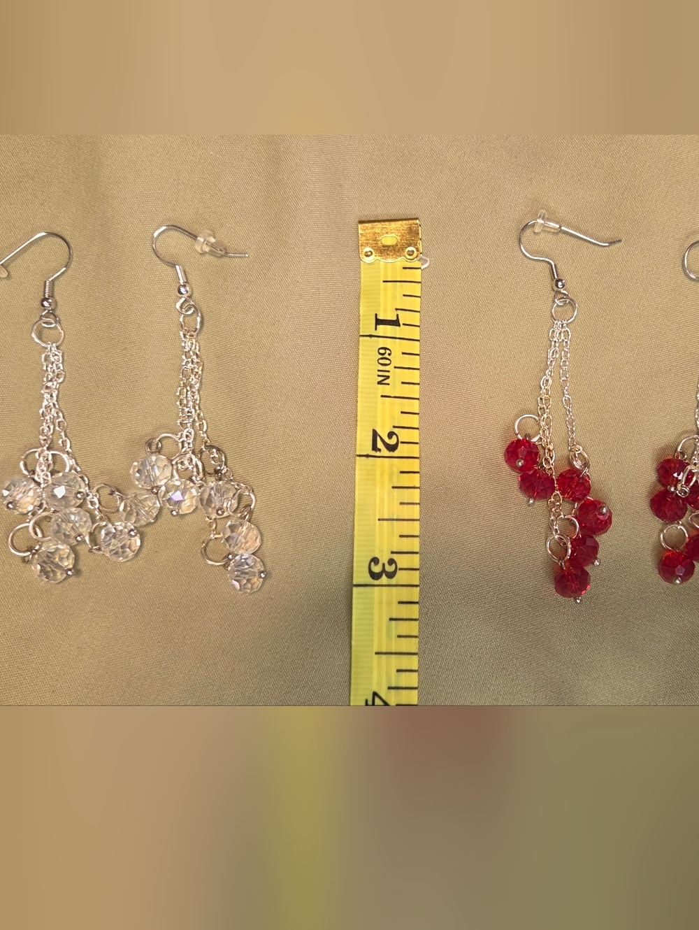 Red Clear Crystal Dangle Earrings Silver Chain Drop Statement
